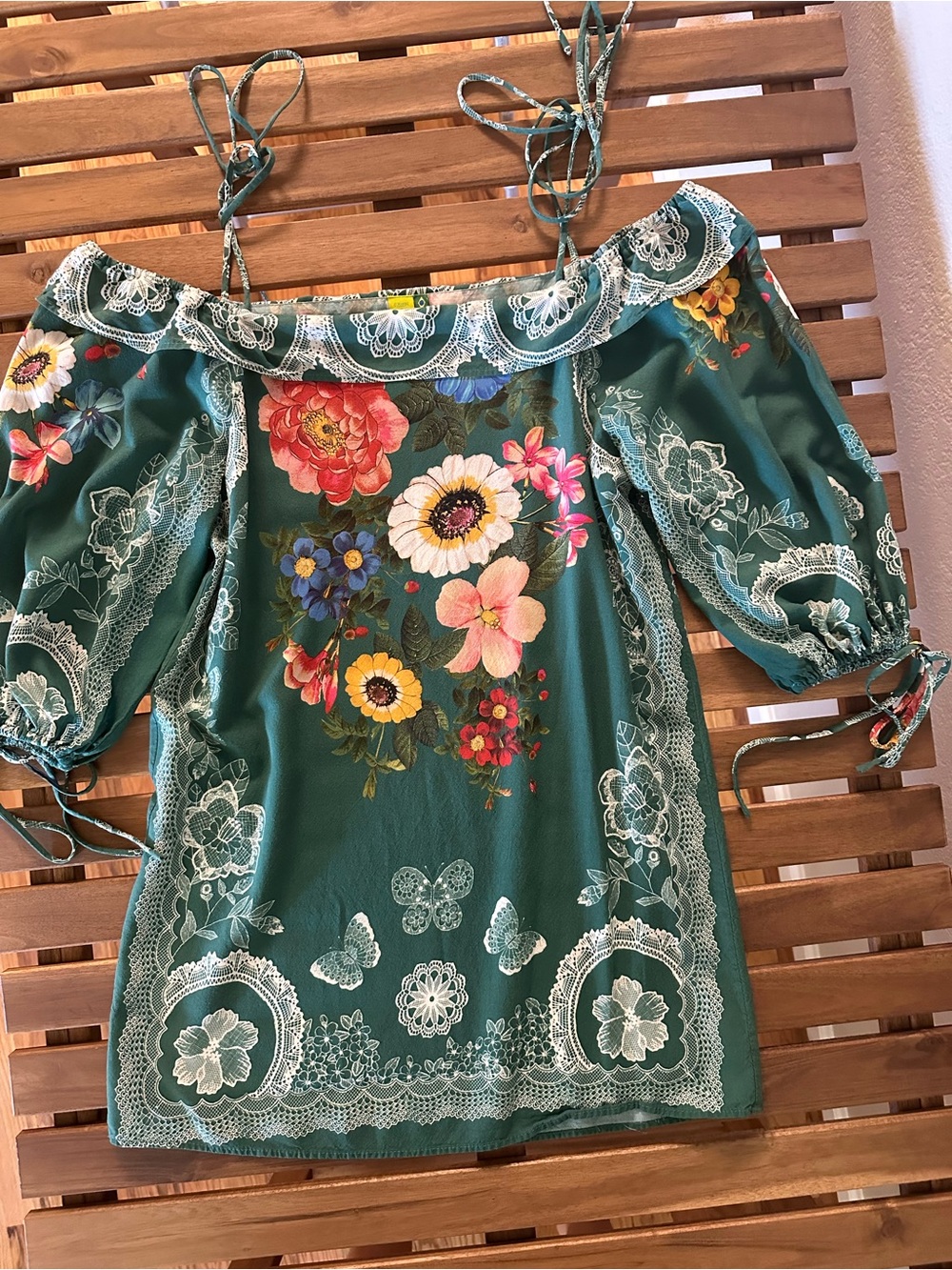 FARM Rio Teal Green Floral Off-Shoulder Mini Dress